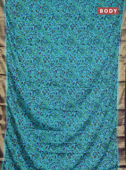 Semi mysore silk saree teal blue and blue with allover prints and small zari woven border