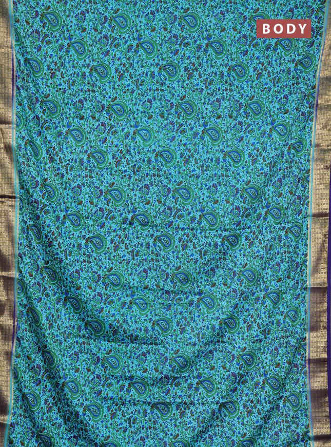 Semi mysore silk saree teal blue and blue with allover prints and small zari woven border