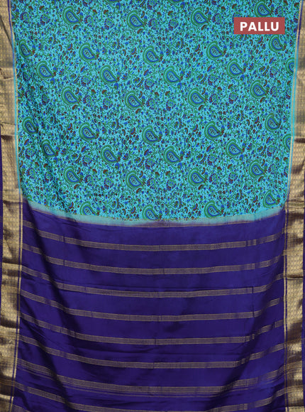 Semi mysore silk saree teal blue and blue with allover prints and small zari woven border