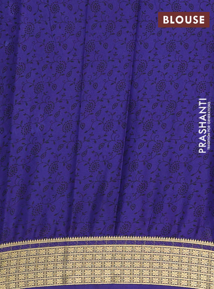 Semi mysore silk saree teal blue and blue with allover prints and small zari woven border