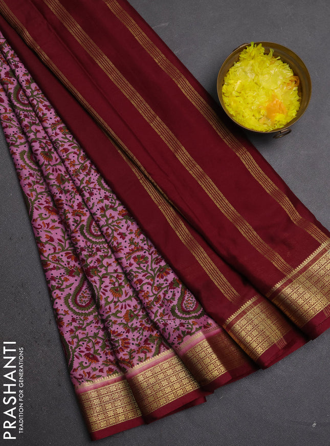 Semi mysore silk saree mauve pink and maroon with allover prints and small zari woven border