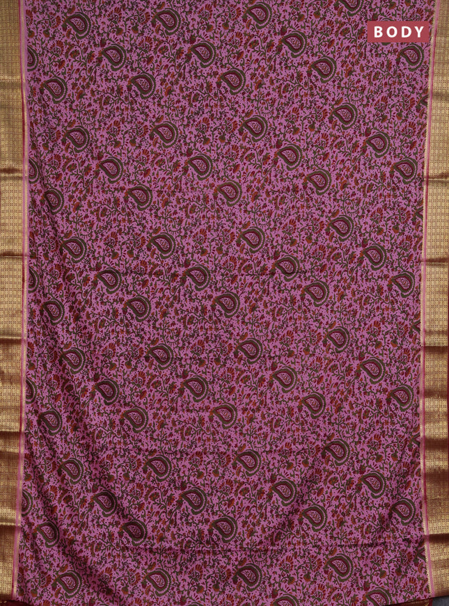 Semi mysore silk saree mauve pink and maroon with allover prints and small zari woven border