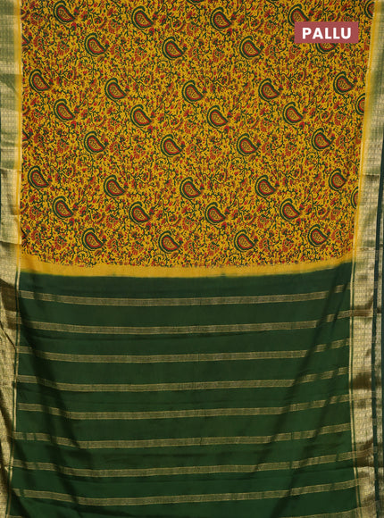 Semi mysore silk saree yellow and green with allover prints and small zari woven border