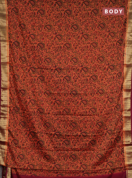 Semi mysore silk saree rust shade and maroon with allover prints and small zari woven border