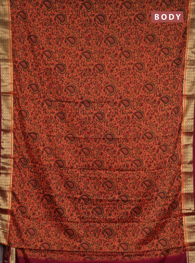 Semi mysore silk saree rust shade and maroon with allover prints and small zari woven border