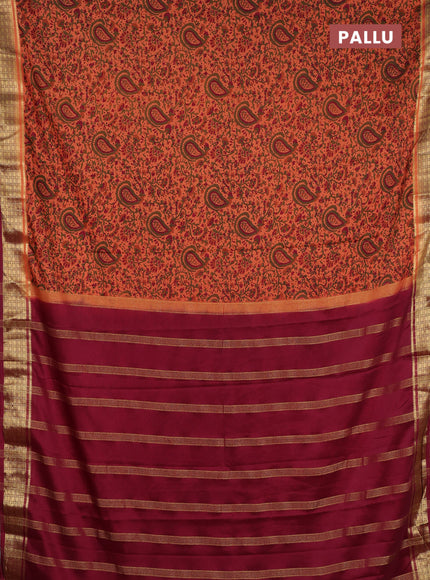 Semi mysore silk saree rust shade and maroon with allover prints and small zari woven border