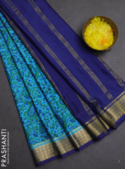 Semi mysore silk saree teal blue and blue with allover prints and small zari woven border