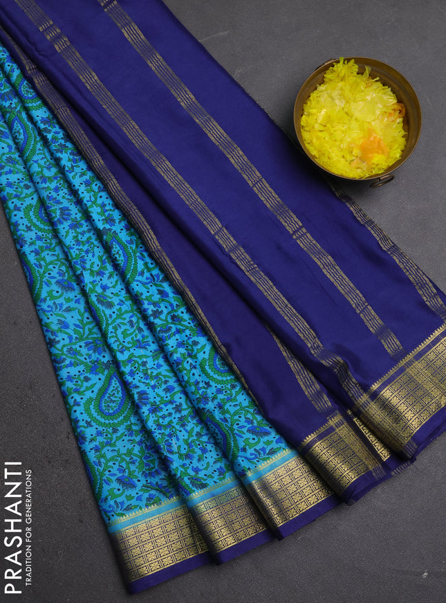 Semi mysore silk saree teal blue and blue with allover prints and small zari woven border