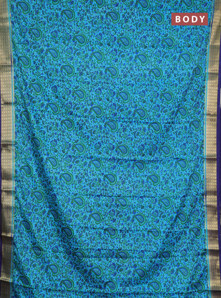 Semi mysore silk saree teal blue and blue with allover prints and small zari woven border