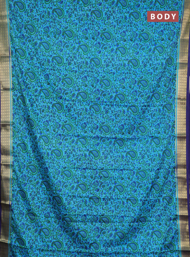 Semi mysore silk saree teal blue and blue with allover prints and small zari woven border