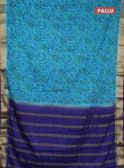 Semi mysore silk saree teal blue and blue with allover prints and small zari woven border