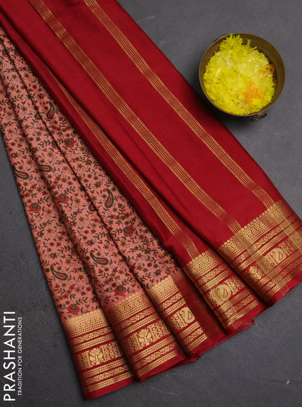 Semi mysore silk saree peach shade and maroon with allover prints and zari woven border