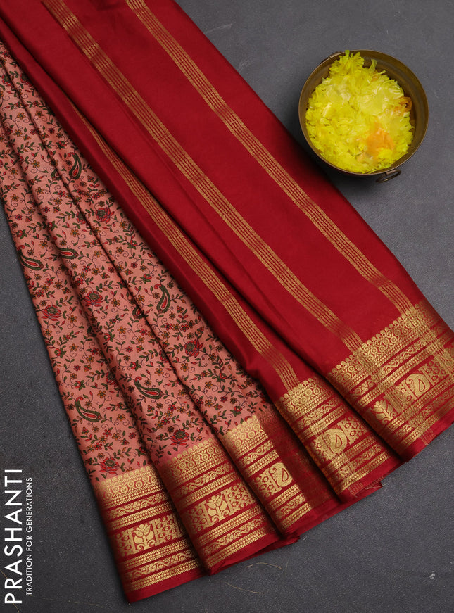 Semi mysore silk saree peach shade and maroon with allover prints and zari woven border