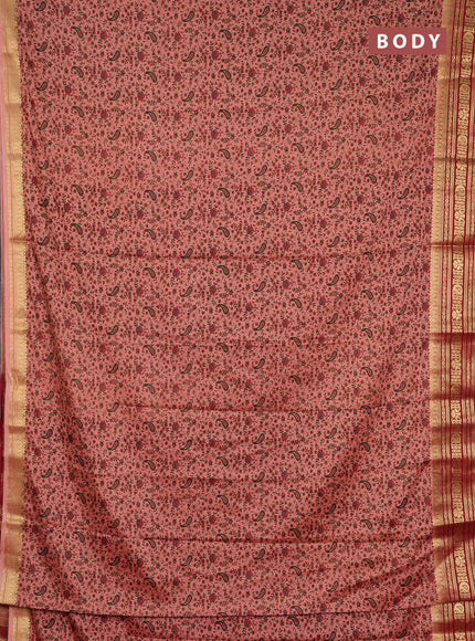 Semi mysore silk saree peach shade and maroon with allover prints and zari woven border