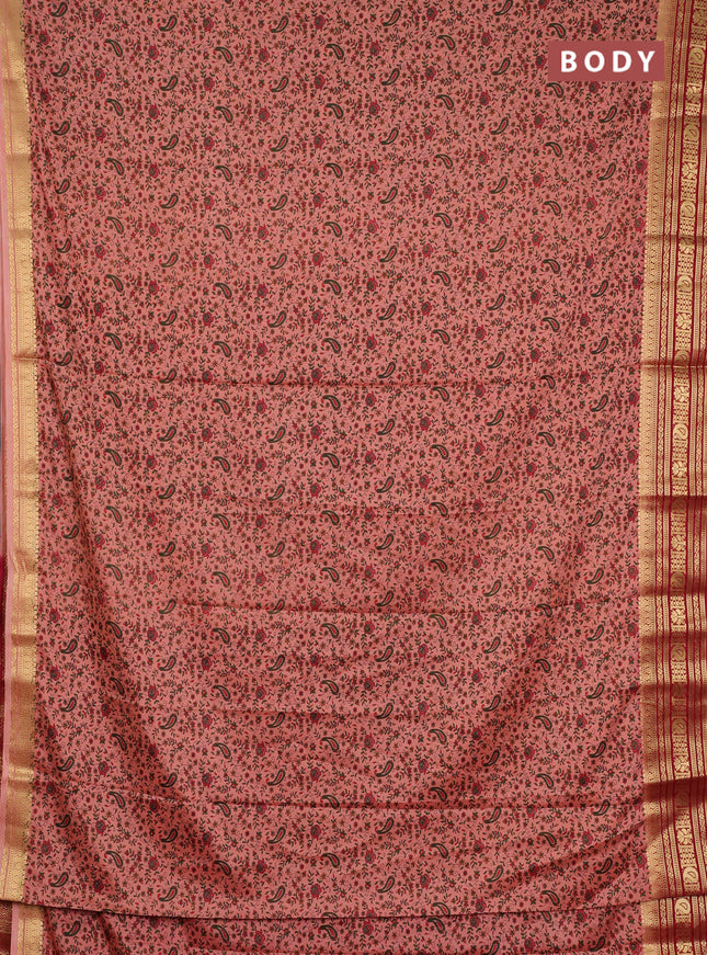 Semi mysore silk saree peach shade and maroon with allover prints and zari woven border