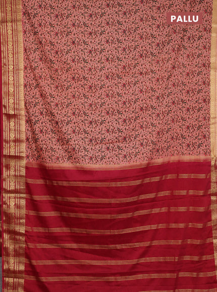 Semi mysore silk saree peach shade and maroon with allover prints and zari woven border