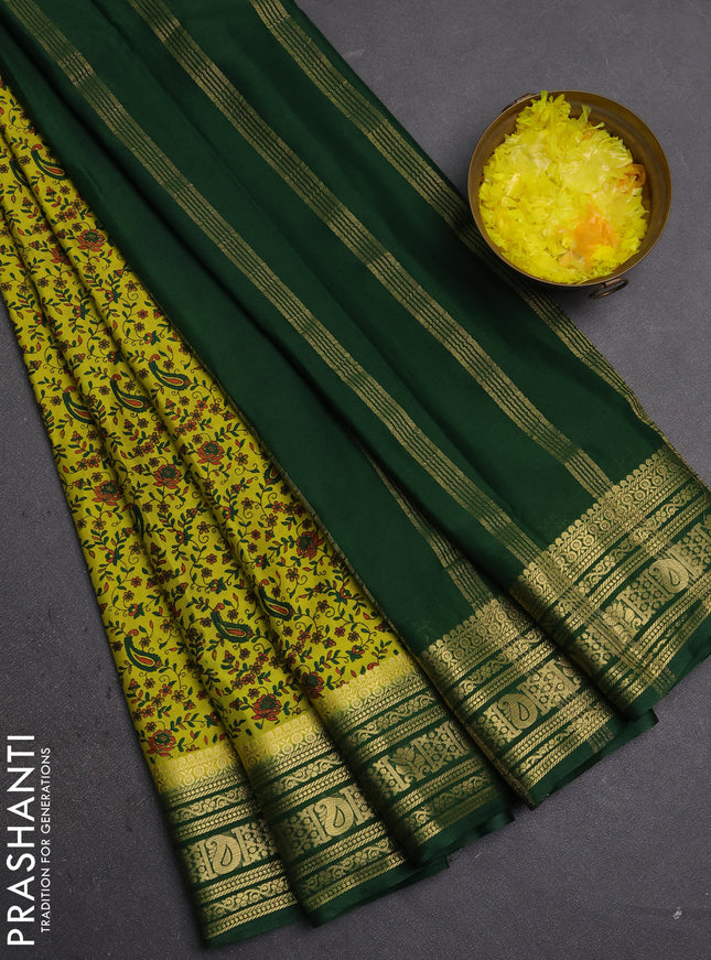 Semi mysore silk saree light green and green with allover prints and zari woven border