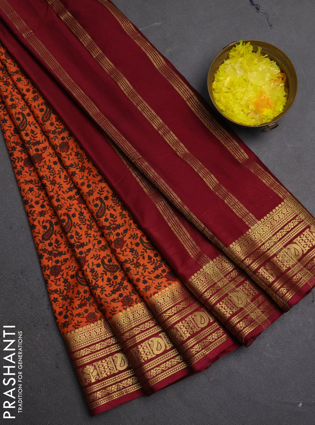 Semi mysore silk saree rust shade and maroon with allover prints and zari woven border