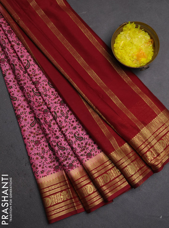 Semi mysore silk saree candy pink and maroon with allover prints and zari woven border