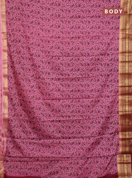 Semi mysore silk saree candy pink and maroon with allover prints and zari woven border
