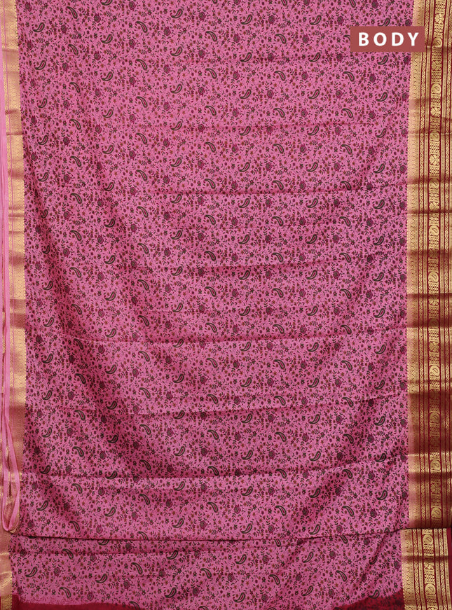 Semi mysore silk saree candy pink and maroon with allover prints and zari woven border