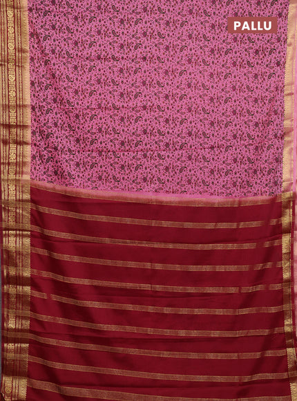 Semi mysore silk saree candy pink and maroon with allover prints and zari woven border