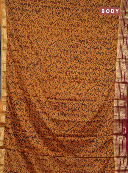 Semi mysore silk saree dark mustard and deep maroon with allover prints and zari woven border