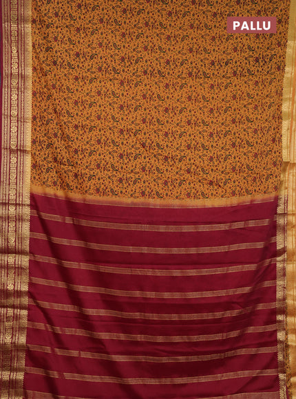 Semi mysore silk saree dark mustard and deep maroon with allover prints and zari woven border