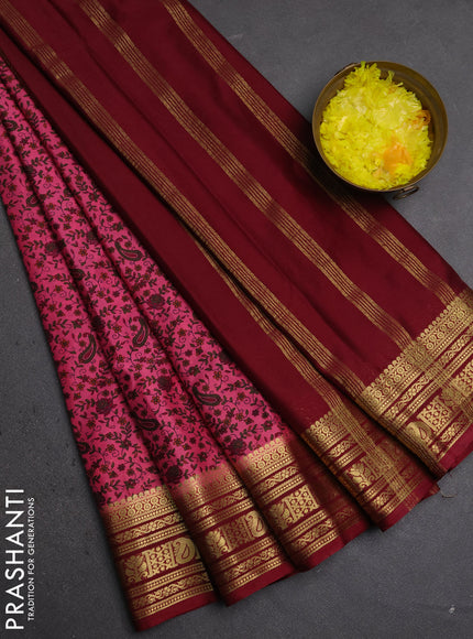 Semi mysore silk saree peach pink and deep maroon with allover prints and zari woven border