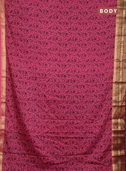 Semi mysore silk saree peach pink and deep maroon with allover prints and zari woven border