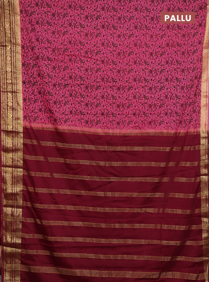 Semi mysore silk saree peach pink and deep maroon with allover prints and zari woven border
