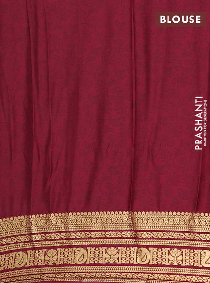 Semi mysore silk saree peach pink and deep maroon with allover prints and zari woven border