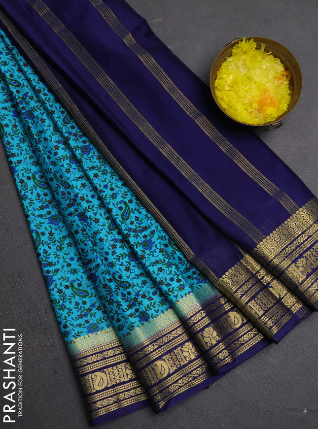 Semi mysore silk saree teal blue and blue with allover prints and zari woven border