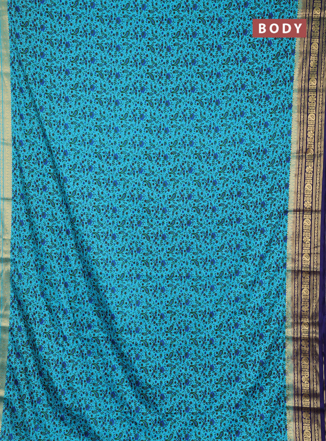 Semi mysore silk saree teal blue and blue with allover prints and zari woven border