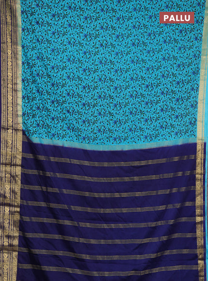 Semi mysore silk saree teal blue and blue with allover prints and zari woven border