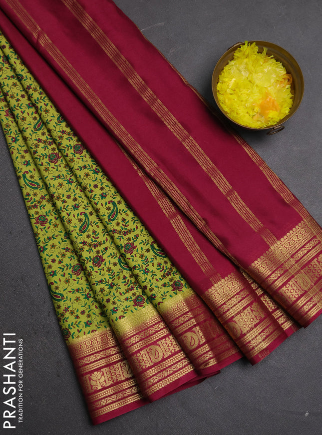 Semi mysore silk saree lime green and wine shade with allover prints and zari woven border