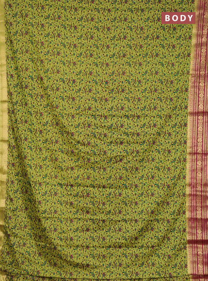 Semi mysore silk saree lime green and wine shade with allover prints and zari woven border
