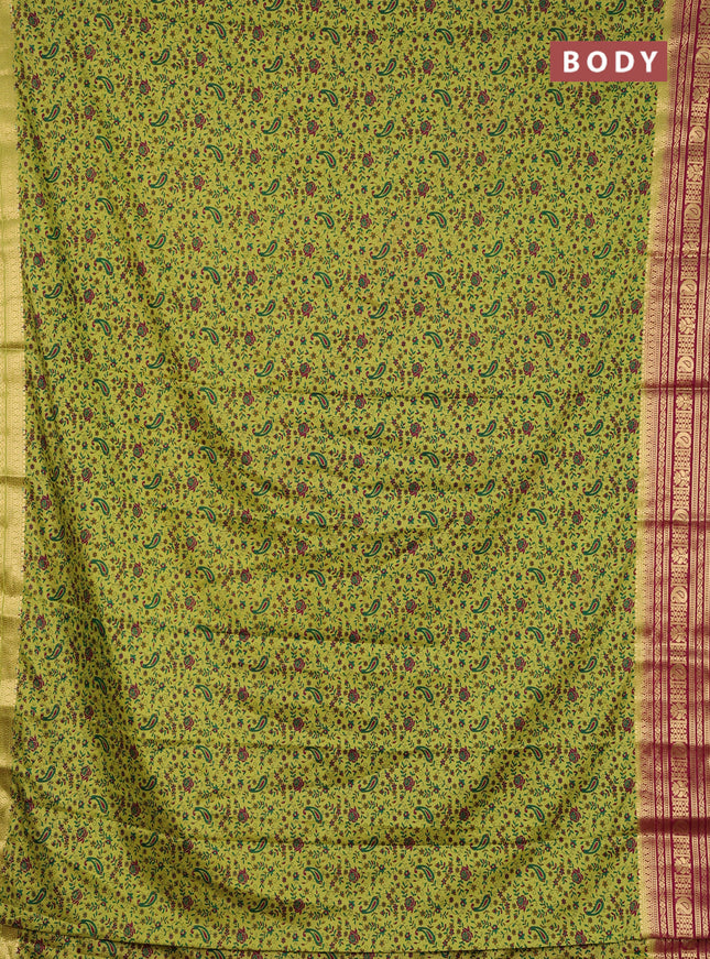 Semi mysore silk saree lime green and wine shade with allover prints and zari woven border