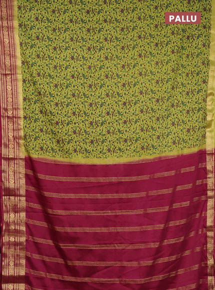 Semi mysore silk saree lime green and wine shade with allover prints and zari woven border