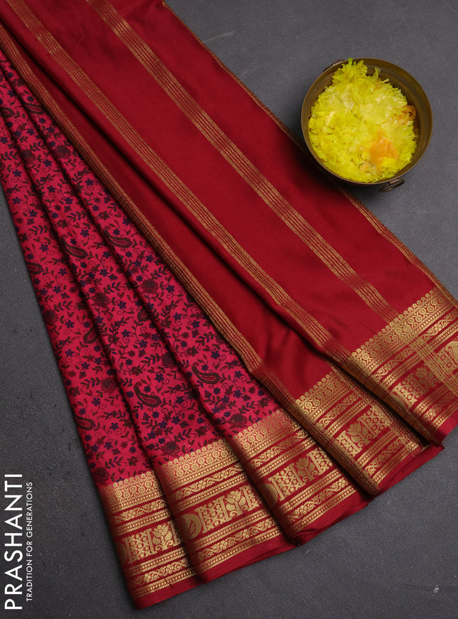 Semi mysore silk saree peach pink and deep maroon with allover prints and zari woven border