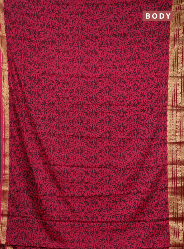 Semi mysore silk saree peach pink and deep maroon with allover prints and zari woven border