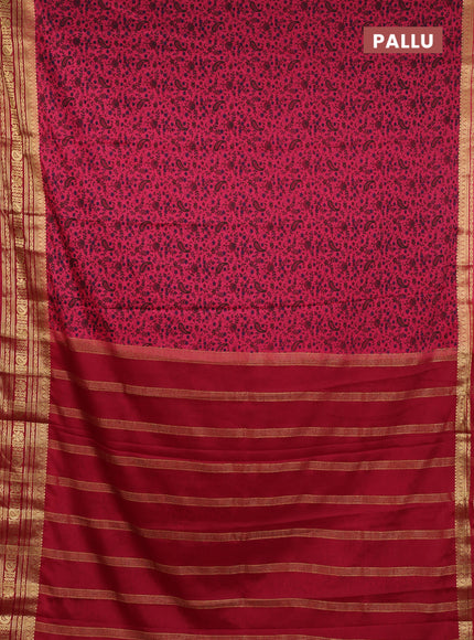 Semi mysore silk saree peach pink and deep maroon with allover prints and zari woven border