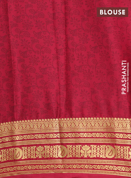 Semi mysore silk saree peach pink and deep maroon with allover prints and zari woven border