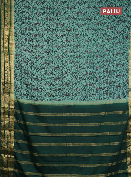 Semi mysore silk saree pastel green and green with allover prints and zari woven border