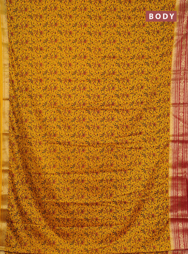 Semi mysore silk saree yellow and red with allover prints and zari woven border