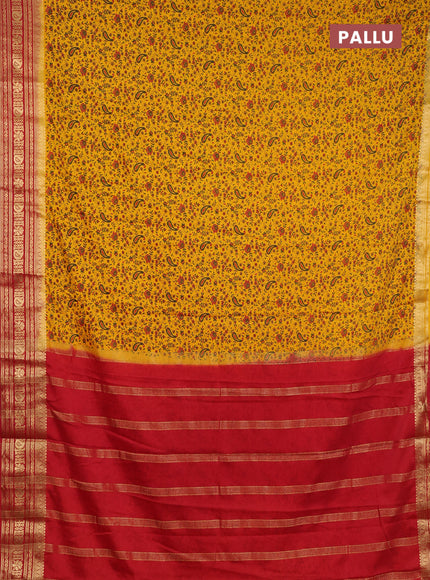 Semi mysore silk saree yellow and red with allover prints and zari woven border