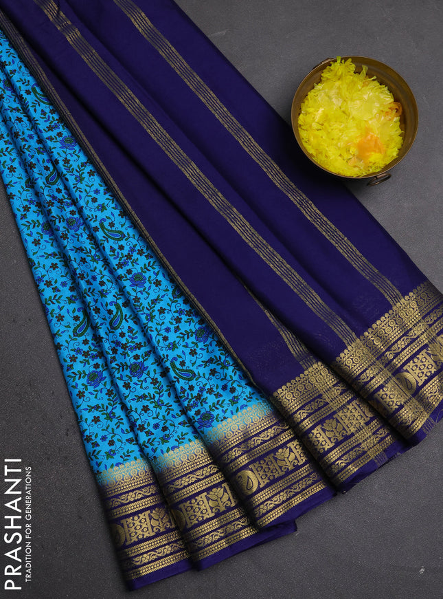 Semi mysore silk saree teal blue and blue with allover prints and zari woven border