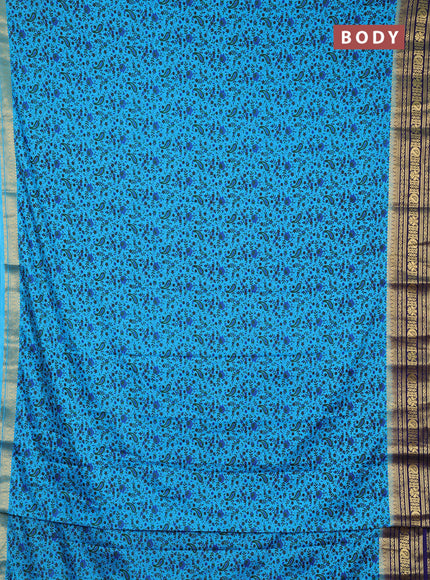 Semi mysore silk saree teal blue and blue with allover prints and zari woven border
