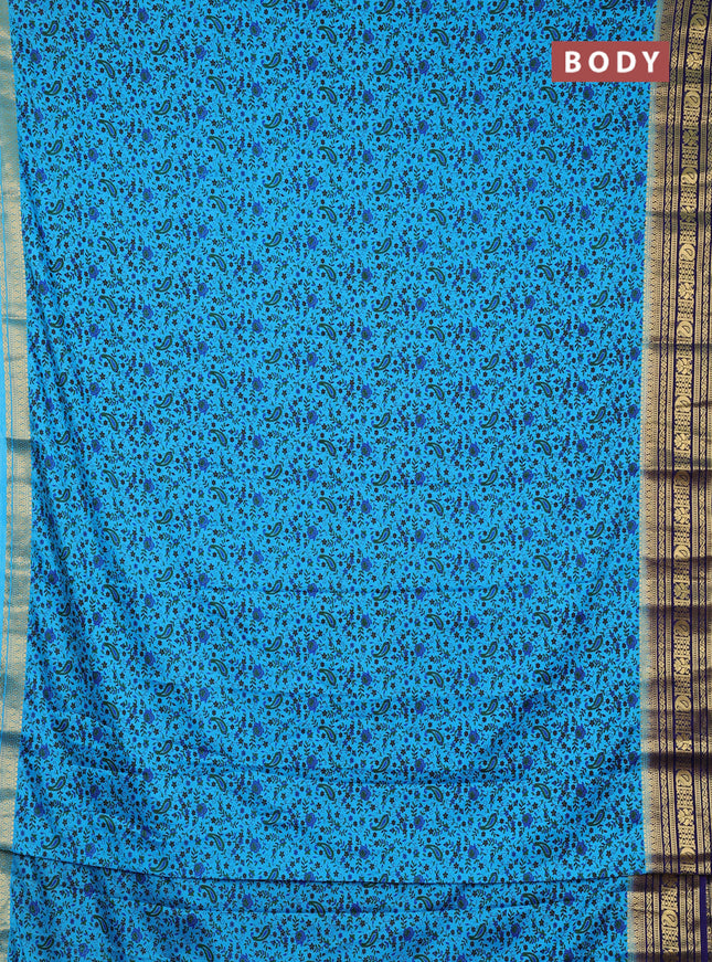 Semi mysore silk saree teal blue and blue with allover prints and zari woven border