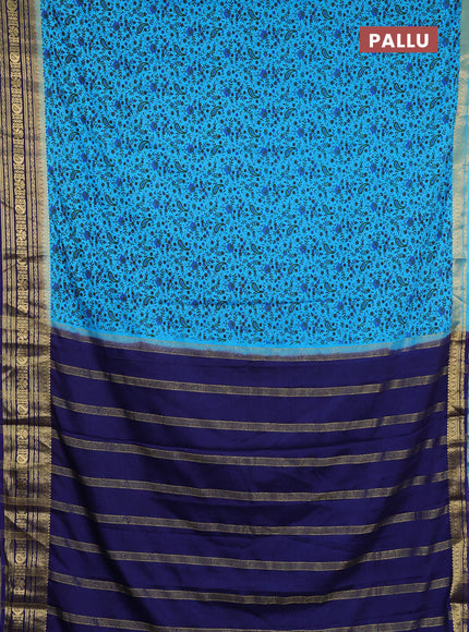 Semi mysore silk saree teal blue and blue with allover prints and zari woven border